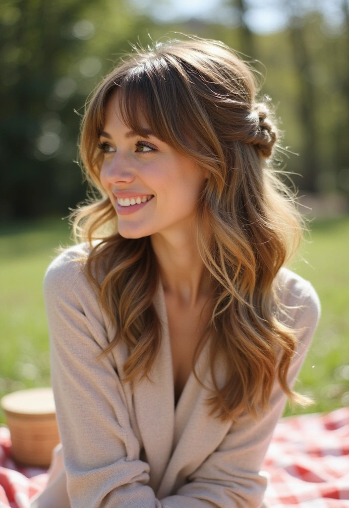 21 Gorgeous Layered Haircuts with Bangs That Will Transform Your Look Instantly! - 16. Layered Half-Up with Bangs
