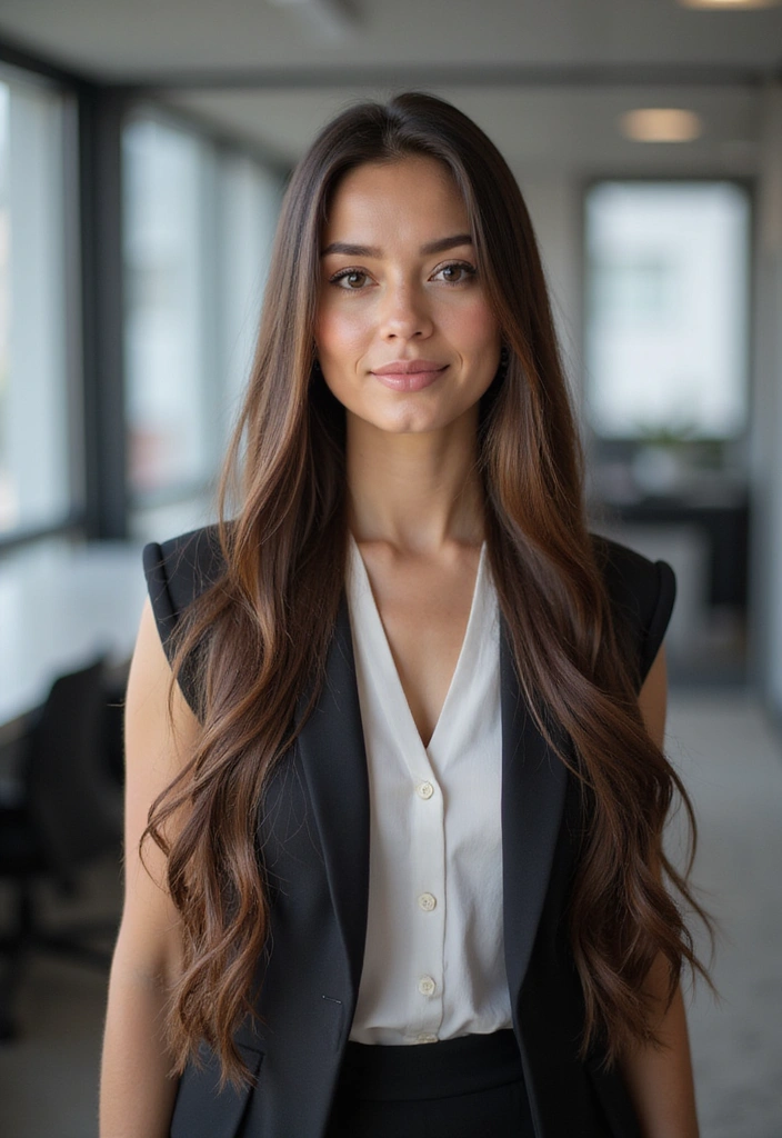 21 Stunning Work Hairstyles for Long Hair to Elevate Your Office Game! - 14. Long Straight Hair with a Middle Part