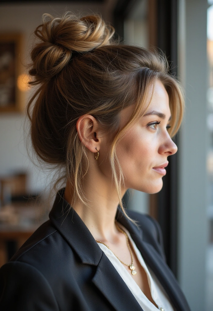 21 Cute Work Hairstyles That'll Have Your Coworkers Asking for Your Secret! - 5. Messy Bun with Face-Framing Strands